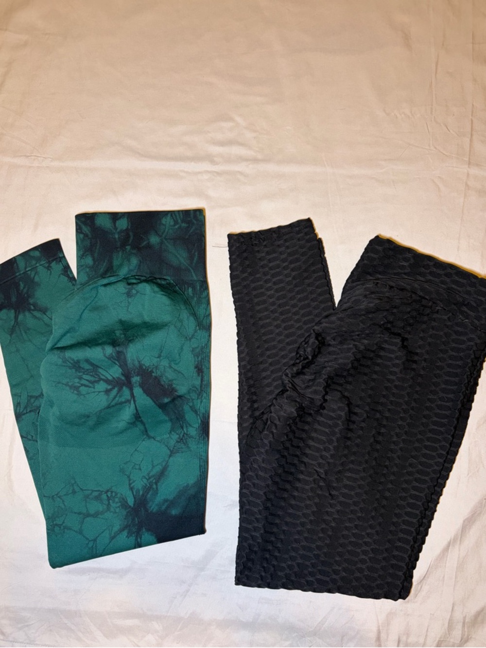 2PC High-Waisted Textured Scrunch Black Leggings & Green Marble Print Leggings